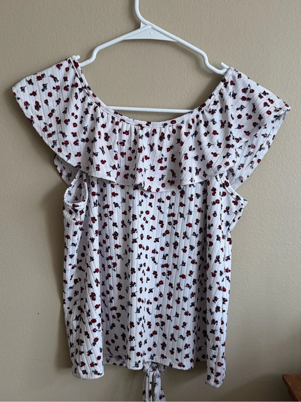 Justice Floral Tie Front Blouse Girls XL 16/18 White Ribbed Flutter Sleeve Top
